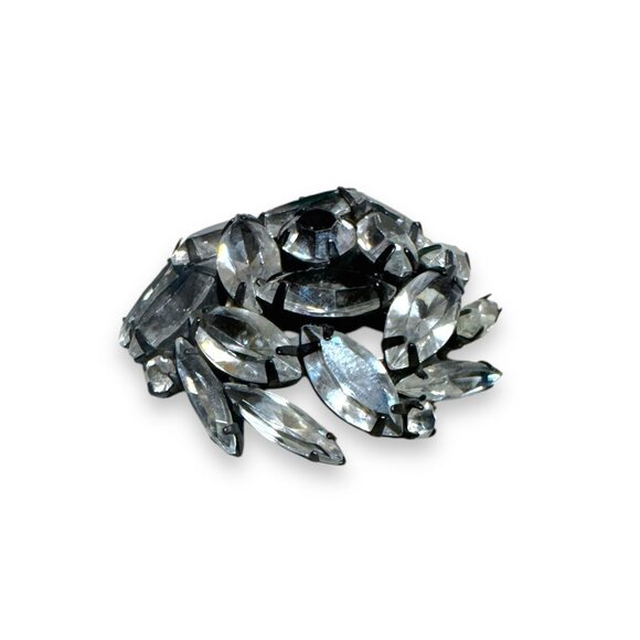 Vintage Japanned Metal Clear Crystal Brooch With Open Back Navette & Chaton Crys - Picture 3 of 10